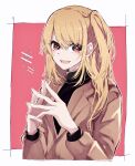  1girl absurdres black_sweater blonde_hair blush brown_jacket commentary_request fangs highres hoshino_ruby jacket long_hair nuruponnu one_side_up oshi_no_ko pink_eyes sidelocks solo sparkle star-shaped_pupils star_(symbol) sweater symbol-shaped_pupils turtleneck turtleneck_sweater 