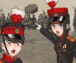  2girls 6+boys black_eyes black_hair black_headwear black_jacket brown_hair freckles gloves hat highres jacket long_hair looking_at_viewer medallion meme military military_hat military_uniform multiple_boys multiple_girls open_mouth original outdoors peaked_cap photo_background pzkpfwi sidelocks two_soyjaks_pointing_(meme) uniform white_gloves 