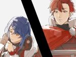  2boys alcryst_(fire_emblem) blue_hair brothers cape closed_mouth diamant_(fire_emblem) fire_emblem fire_emblem_engage hair_ornament hairclip high_collar highres long_sleeves male_focus multiple_boys red_eyes redhead short_hair siblings sketch smile white_background wogesb 