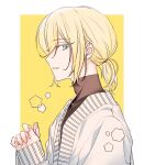  1boy blonde_hair blue_eyes border brown_shirt eichi_turnr ensemble_stars! facing_to_the_side highres looking_at_viewer low_ponytail male_focus medium_hair parted_lips shirt solo sweater teeth tenshouin_eichi turtleneck white_border white_sweater yellow_background 