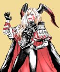  1girl armor black_armor black_bodysuit black_horns blonde_hair bodysuit cape dragon_horns facial_mark fate/grand_order fate_(series) fur-trimmed_cape fur_trim hand_on_own_hip highres horns long_hair looking_at_viewer nero_claudius_(fate) pointy_ears queen_draco_(fate) queen_draco_(third_ascension)_(fate) red_cape red_eyes shinsaku_(stan-art) shoulder_plates simple_background smile solo wavy_hair yellow_background 