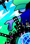  1boy black_hair blue_skirt building clouds hat hat_over_eyes male_focus mzd official_style pop&#039;n_music shaded_face short_hair short_sleeves skirt skyline skyscraper smile solo star_(symbol) tower utility_pole voxxxup yellow_headwear 