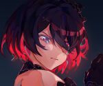  1girl bare_shoulders black_flower c_ry_o close-up closed_mouth crying crying_with_eyes_open flower hair_flower hair_ornament highres honkai_(series) honkai_impact_3rd red_eyes redhead seele_(alter_ego) seele_vollerei seele_vollerei_(stygian_nymph) short_hair solo tears v-shaped_eyebrows 