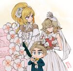  1boy 2girls 302 akatsuki_(gundam_tekketsu_no_orphans) atra_mixta blonde_hair blue_eyes bouquet brown_hair dated dress flipped_hair flower formal gundam gundam_tekketsu_no_orphans holding holding_bouquet kudelia_aina_bernstein mother_and_son multiple_girls see-through suit twitter_username veil wedding wedding_dress white_dress wife_and_wife yuri 