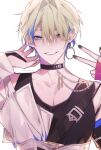  1boy absurdres black_choker black_nails black_tank_top blonde_hair blue_eyes blue_hair chain choker earrings genderswap genderswap_(ftm) highres honkai:_star_rail honkai_(series) jewelry looking_at_viewer male_focus multicolored_hair nihoneho pink_sleeves serval_landau shirt short_hair smile solo tank_top teeth v white_background white_shirt 