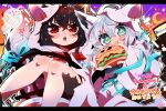  +_+ 2girls animal_ear_fluff animal_ears black_hair blush braid burger eating food fox_ears fox_girl fox_tail fubuzilla_(shirakami_fubuki) ghost green_eyes hair_between_eyes halloween_costume happy_halloween highres holding holding_food hololive hood hoodie kurokami_fubuki long_hair looking_at_viewer multiple_girls open_mouth red_eyes sakuramochi_(sakura_frappe) shirakami_fubuki sidelocks single_braid tail v-shaped_eyebrows virtual_youtuber white_hair white_hoodie 