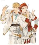  2boys blonde_hair closed_eyes closed_mouth collared_shirt granblue_fantasy highres idol jacket male_focus medium_hair multiple_boys official_alternate_costume open_clothes open_jacket open_mouth pants percival_(granblue_fantasy) red_eyes red_vest redhead shirt short_hair simple_background smile tomo_(tomorag7) vane_(granblue_fantasy) vest white_background white_jacket white_pants white_shirt 