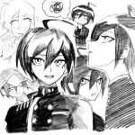  1boy :d ;) ahoge blush buttons closed_eyes danganronpa_(series) danganronpa_v3:_killing_harmony double-breasted greyscale haji_(hajimaji) highres looking_at_viewer looking_up male_focus monochrome multiple_views one_eye_closed open_mouth saihara_shuichi short_hair smile squiggle sweatdrop thinking thought_bubble v_over_eye 