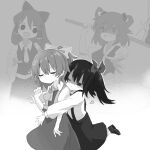  4girls :d ascot bow closed_eyes closed_mouth commentary cookie_(touhou) cowboy_shot crop_top daiyousei detached_sleeves diyusi_(cookie) empty_eyes greyscale hair_bow hakurei_reimu high-visibility_vest holding holding_scythe hug hug_from_behind long_hair long_sleeves looking_at_another monochrome multiple_girls necktie noel_(cookie) onozuka_komachi open_mouth ponytail reaching scythe shaded_face shirt shishou_(cookie) shoes siyudi_(cookie) skirt sleeveless sleeveless_shirt smile sparseseethe suspender_skirt suspenders symbol-only_commentary touhou 