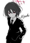 1girl alternate_costume black_necktie black_suit blue_archive character_name formal generic_33 greyscale halo hands_in_pockets highres looking_at_viewer medium_hair misaki_(blue_archive) monochrome necktie sideways_glance simple_background solo spot_color suit white_background 
