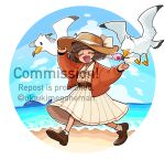  1girl beach belt bird blush bow brown_footwear brown_hair closed_eyes commission day facing_viewer hat hat_bow hat_ribbon highres onosanlove open_mouth original outdoors pleated_skirt ribbon seagull short_hair skeb_commission skirt smile socks solo sun_hat watermark white_bow white_ribbon white_skirt white_socks 