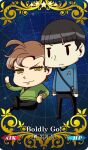  2boys ahoge alien black_hair black_pants blue_shirt brown_hair card_(medium) check_translation chibi craft_essence_(fate) crossed_legs fate/grand_order fate_(series) green_shirt james_tiberius_kirk multiple_boys pants pointy_ears riyo_(lyomsnpmp)_(style) saiga_yatanokarasu shirt sitting smug spock standing star_trek star_trek_the_original_series starfleet_uniform translation_request vulcan yellow_eyes |_| 