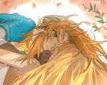  1boy 1girl absurdres artist_name blonde_hair blue_eyes brown_gloves closed_mouth falling_petals fingerless_gloves gloves hand_on_another&#039;s_face highres link long_hair looking_at_another petals pointy_ears princess_zelda shanodesu smile the_legend_of_zelda the_legend_of_zelda:_breath_of_the_wild twitter_username 