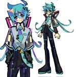  1boy bishounen black_pants black_sleeves blue_eyes blue_hair blue_necktie collared_shirt commentary detached_hair english_commentary full_body genderswap genderswap_(ftm) grey_shirt hatsune_mikuo highres kxbo99 long_hair looking_at_viewer low_twintails male_focus necktie pants redesign shirt sketch solo twintails vocaloid white_background 