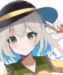  1girl black_headwear closed_mouth collarbone commentary green_eyes grey_hair hat hat_ribbon komeiji_koishi looking_at_viewer ribbon short_hair simple_background smile solo touhou upper_body white_background wottosei yellow_ribbon 