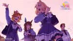  1boy 3girls admire_vega_(umamusume) animal_ears black_hair blonde_hair brown_hair copyright copyright_name crown cygames ear_covers ear_ornament horse_ears horse_girl jacket mini_crown multiple_girls narita_top_road_(umamusume) okita_trainer orange_hair school_uniform single_ear_cover t.m._opera_o_(umamusume) tracen_school_uniform umamusume umamusume:_road_to_the_top white_jacket 