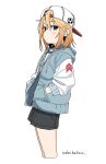  1girl artist_name backwards_hat baseball_cap blush cropped_legs hair_between_eyes hands_in_pockets hat highres hood hoodie idolmaster idolmaster_cinderella_girls jacket ksrvgn looking_at_viewer medium_hair open_clothes open_jacket orange_hair short_hair shorts sideways_glance simple_background violet_eyes white_background yuuki_haru 