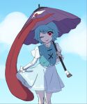  1girl ;p blue_hair blue_skirt blue_sky blue_vest club_(weapon) commentary_request cross-laced_clothes holding holding_umbrella juliet_sleeves karakasa_obake long_sleeves looking_at_viewer nupeya one_eye_closed outdoors puffy_sleeves purple_umbrella red_eyes shirt short_hair skirt sky solo tatara_kogasa tongue tongue_out touhou umbrella vest weapon white_shirt 