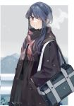  1girl absurdres bag black_skirt black_sweater blue_hair blush breath brown_coat building cityscape coat cold dark_blue_hair eyes_visible_through_hair from_side gradient_hair grey_sky hair_over_one_eye hands_in_pockets highres leadin_the_sky long_hair long_sleeves looking_at_viewer mountain mountainous_horizon multicolored_hair open_mouth outdoors pink_eyes pink_hair red_scarf scarf school_bag shima_rin shoulder_bag sidelocks skirt sky snowing solo sweater swept_bangs teeth winter winter_clothes winter_coat winter_uniform yurucamp 