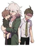  3boys :d :o aged_down ahoge blush breast_pocket brown_hair brown_pants carrying carrying_person cheeseko child clenched_hands clenched_teeth collared_shirt cropped_legs danganronpa:_trigger_happy_havoc danganronpa_(series) danganronpa_2:_goodbye_despair green_hoodie green_jacket green_necktie hair_between_eyes hinata_hajime hood hood_down hooded_jacket hoodie jacket komaeda_nagito medium_hair messy_hair multiple_boys naegi_makoto necktie pants pocket print_shirt shirt short_hair smile sweat teeth white_shirt 