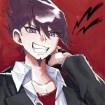  black_jacket brown_hair collarbone collared_shirt danganronpa_(series) danganronpa_v3:_killing_harmony facial_hair fang goatee grin hair_between_eyes haji_(hajimaji) hand_up highres jacket long_sleeves momota_kaito pink_eyes portrait red_background red_shirt shirt smile solo spiky_hair teeth white_shirt 