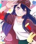  1girl artist_name baseball_cap blush brown_headwear brown_jacket collarbone commentary_request eyewear_on_headwear hand_on_own_hip hat heart hoshino_ai_(oshi_no_ko) jacket long_hair nanashi89460298 open_clothes open_jacket oshi_no_ko purple_hair rabbit_symbol round_eyewear shirt sidelocks smile solo star-shaped_pupils star_(symbol) symbol-shaped_pupils teeth v violet_eyes white_shirt 