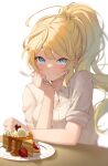  1girl absurdres ahoge blue_eyes breasts cake cake_slice closed_mouth collared_shirt commentary commission food food_on_face fork fruit hand_up highres holding holding_fork jenna_(jenna0108je) korean_commentary large_breasts light_blush long_hair looking_at_viewer original plate ponytail shirt short_sleeves simple_background solo strawberry table upper_body white_background white_shirt 