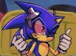  1boy 9474s0ul animal_ears animal_nose closed_mouth commentary derivative_work double_thumbs_up english_commentary furry furry_male gloves headset highres male_focus microphone one_eye_closed screencap_redraw signature smile solo sonic_(series) sonic_the_hedgehog sonic_x thumbs_up upper_body white_gloves 