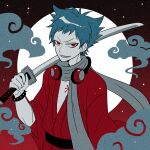  1boy birthmark blue_hair bracelet clouds earrings full_moon gohan_(8823cobalt) headphones headphones_around_neck holding holding_sword holding_weapon japanese_clothes jewelry kimono limited_palette male_focus moon obi pop&#039;n_music red_kimono roku_(pop&#039;n_music) sash scarf sharp_teeth short_hair slit_pupils spiked_bracelet spikes sword teeth weapon wide_sleeves 