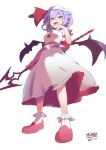  1girl absurdres bat_wings commentary_request damarinasai_(mineo) dated full_body hat hat_ribbon highres holding holding_weapon looking_at_viewer mob_cap open_mouth purple_hair red_eyes red_footwear red_ribbon remilia_scarlet ribbon shirt short_hair short_sleeves signature simple_background skirt socks solo spear_the_gungnir standing touhou weapon white_background white_headwear white_shirt white_skirt white_socks wings 
