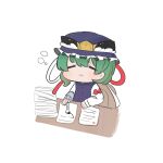  1girl asymmetrical_hair blue_headwear chibi closed_eyes commentary_request frilled_hat frills green_hair hat highres holding kurotaro long_sleeves open_mouth paintbrush shiki_eiki short_hair sitting sleepy solo touhou 