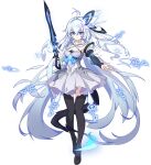  1girl ahoge benghuai_xueyuan black_footwear blue_eyes boots braid closed_mouth dress full_body holding holding_weapon honkai_(series) long_hair official_art pointy_ears shigure_kira solo thigh_boots third-party_source weapon white_dress white_hair 