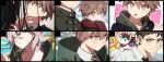  4boys alternate_costume animal brown_eyes brown_hair brown_jacket cat cheeseko closed_mouth collared_shirt commentary_request danganronpa:_trigger_happy_havoc danganronpa_(series) danganronpa_2:_goodbye_despair green_necktie grey_hair hinata_hajime hood hood_down jacket kamukura_izuru komaeda_nagito looking_at_another looking_up messy_hair multiple_boys naegi_makoto necktie pink_background red_scarf scarf shirt short_hair teeth upper_teeth_only white_background white_shirt 