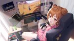  1girl absurdres bottle brown_eyes brown_hair chair controller day double_bun dramz game_controller gaming_chair hair_bun highres indie_virtual_youtuber indoors jacket keyboard_(computer) long_hair looking_at_viewer microphone monitor mouse_(computer) mousepad_(object) nintendo_switch open_mouth paimon_(genshin_impact) plastic_bottle playing_games saja_mori shorts sitting smile solo swivel_chair tighnari_(genshin_impact) track_jacket virtual_youtuber window xbox_controller 