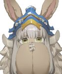  1other androgynous animal_ears body_fur brown_fur commentary covering_mouth ears_through_headwear english_commentary fake_horns furry grey_hair hands_up helmet highres horizontal_pupils horned_helmet horns interlocked_fingers long_hair looking_at_viewer made_in_abyss nanachi_(made_in_abyss) other_focus own_hands_together rabbit_ears solo soosaresu upper_body white_background yellow_eyes 