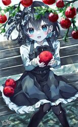  +_+ 1girl :d absurdres apple belt black_bow black_hair black_pantyhose blue_eyes blush bow bowtie branch cowboy_shot dangle_earrings dress earrings feet_out_of_frame food fruit hair_bow hair_ornament hairclip heart heart_earrings highres holding holding_food holding_fruit jewelry kayon_(touzoku) long_sleeves looking_at_viewer open_mouth original pantyhose plank pleated_dress pleated_skirt red_apple short_hair signature sitting skirt smile stud_earrings two-tone_dress water 