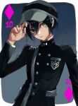  1boy ahoge black_hair black_headwear black_jacket border breast_pocket brown_eyes buttons danganronpa_(series) danganronpa_v3:_killing_harmony double-breasted gradient_background hair_between_eyes haji_(hajimaji) highres jacket long_sleeves male_focus parted_lips pocket saihara_shuichi short_hair solo striped striped_jacket teeth white_border 