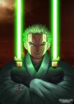  1boy absurdres artist_name black_gloves closed_mouth commentary crossover earrings energy_sword english_commentary gloves green_hair green_lightsaber highres holding holding_lightsaber holding_sword holding_weapon jewelry lightsaber looking_at_viewer male_focus newgate_arts one_eye_closed one_piece parody roronoa_zoro scar scar_across_eye short_hair signature single_earring solo star_wars sword weapon 