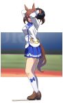  absurdres animal_ears arms_up bandaid bandaid_on_knee bandaid_on_leg baseball_mitt blue_bow blue_bowtie blue_skirt bow bowtie breasts brown_footwear brown_hair buttons closed_mouth double-breasted full_body highres hishi_akebono_(umamusume) horse_ears horse_girl horse_tail jacket kneehighs licking_lips loafers long_sleeves looking_at_viewer medium_breasts medium_hair miniskirt motion_blur nishiki_kazue pleated_skirt red_eyes shoes skirt socks standing tail tongue tongue_out twintails umamusume white_jacket white_socks 