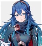  1girl ameno_(a_meno0) blue_eyes blue_hair breasts cape fingerless_gloves fire_emblem fire_emblem_awakening gloves grey_background hair_between_eyes long_hair long_sleeves looking_at_viewer lucina_(fire_emblem) small_breasts smile solo symbol-shaped_pupils tiara 