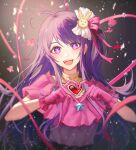  1girl :d ahoge commentary dress frilled_gloves frills gloves hair_ornament hair_ribbon heart heart_hands highres hoshino_ai_(oshi_no_ko) idol long_hair looking_at_viewer open_mouth oshi_no_ko pink_dress pink_gloves pink_ribbon purple_hair rabbit_hair_ornament ribbon smile star-shaped_pupils star_(symbol) symbol-shaped_pupils teeth upper_body upper_teeth_only violet_eyes zieru 