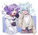  2girls blue_eyes blue_hair chain commentary_request criangle_k. elira_pendora elira_pendora_(3rd_costume) hair_over_one_eye head_wings heterochromia hood hood_down hoodie long_sleeves looking_at_viewer multiple_girls nijisanji nijisanji_en open_mouth purple_hair selen_tatsuki selen_tatsuki_(3rd_costume) short_hair teeth tongue violet_eyes virtual_youtuber wings 