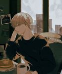  bishounen black_sweater blonde_hair cityscape closed_mouth coffee cognacbear cup food fork highres male_focus mug original pancake pancake_stack photo_(object) plate short_hair sitting steam sweater table yellow_eyes 