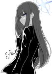  1girl alternate_costume black_suit blue_archive character_name formal from_behind generic_33 greyscale halo highres long_hair looking_at_viewer looking_back monochrome parted_lips saori_(blue_archive) simple_background solo spot_color suit violet_eyes white_background 