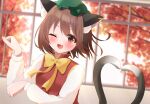  1girl ;d animal_ear_fluff animal_ears backlighting blurry blurry_background bow bowtie breasts brown_eyes brown_hair cat_ears cat_tail chen earrings fang fingernails hands_up hat heart heart_tail highres indoors jewelry long_sleeves looking_at_viewer mob_cap momo3pengin multiple_tails nekomata one_eye_closed open_mouth paw_pose red_vest single_earring skin_fang small_breasts smile solo tail touhou tree two_tails v-shaped_eyebrows vest window yellow_bow yellow_bowtie 