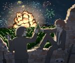  2boys absurdres avogado6 black_hair bottle brick brick_wall brown_hair fireworks formal highres multiple_boys necktie night night_sky original outdoors scenery short_hair sky suit tree wall 