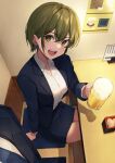  1boy 1girl beer_mug blue_jacket blue_necktie blue_skirt cup formal green_eyes green_hair highres holding holding_cup izakaya jacket mug nasubin_(nasubisamurai15) necktie office_lady open_mouth original pencil_skirt pov shirt short_hair sitting skirt smile white_shirt 