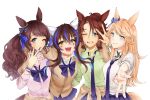  4girls animal_ears arm_around_shoulder blonde_hair blue_bow blue_bowtie blue_eyes blue_hair blue_necktie blue_skirt blush bow bowtie bracelet breasts brown_hair cardigan closed_mouth clothes_around_waist collared_shirt daitaku_helios_(umamusume) ear_bow ear_covers fang fu_(foo_umm) gold_city_(umamusume) green_eyes green_shirt hand_up highres horse_ears horse_girl horse_tail jewelry long_hair mejiro_palmer_(umamusume) miniskirt multicolored_hair multicolored_nails multiple_girls necktie one_eye_closed open_mouth parted_bangs parted_lips pink_shirt pleated_skirt ponytail reaching reaching_towards_viewer shirt skin_fang skirt sleeves_past_fingers sleeves_past_wrists sleeves_rolled_up small_breasts smile spread_fingers sticker_on_face streaked_hair tail teeth tosen_jordan_(umamusume) twintails twitter_username two-tone_hair umamusume upper_body v violet_eyes w watermark white_background white_shirt wristband yellow_eyes 