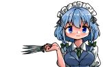  between_fingers blue_eyes blue_hair blue_jacket bow braid breasts closed_mouth green_bow green_necktie hair_bow hair_ribbon highres holding holding_knife holding_weapon izayoi_sakuya jacket kasuya_baian knife knives_between_fingers looking_at_viewer maid maid_headdress medium_hair multiple_hair_bows necktie puffy_short_sleeves puffy_sleeves ribbon ribbon-trimmed_headwear ribbon_trim short_sleeves simple_background smile touhou twin_braids weapon white_background 