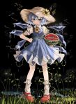  1girl absurdres blue_eyes blue_hair blue_skirt blue_vest blush cirno closed_mouth collared_shirt detached_wings fairy flower food fruit full_body hair_between_eyes hat hat_flower highres holding holding_food holding_fruit ice ice_wings ougiikun red_footwear shirt shoes short_hair short_sleeves skirt smile socks solo standing straw_hat sunflower touhou vest watermelon white_shirt white_socks wings yellow_flower 